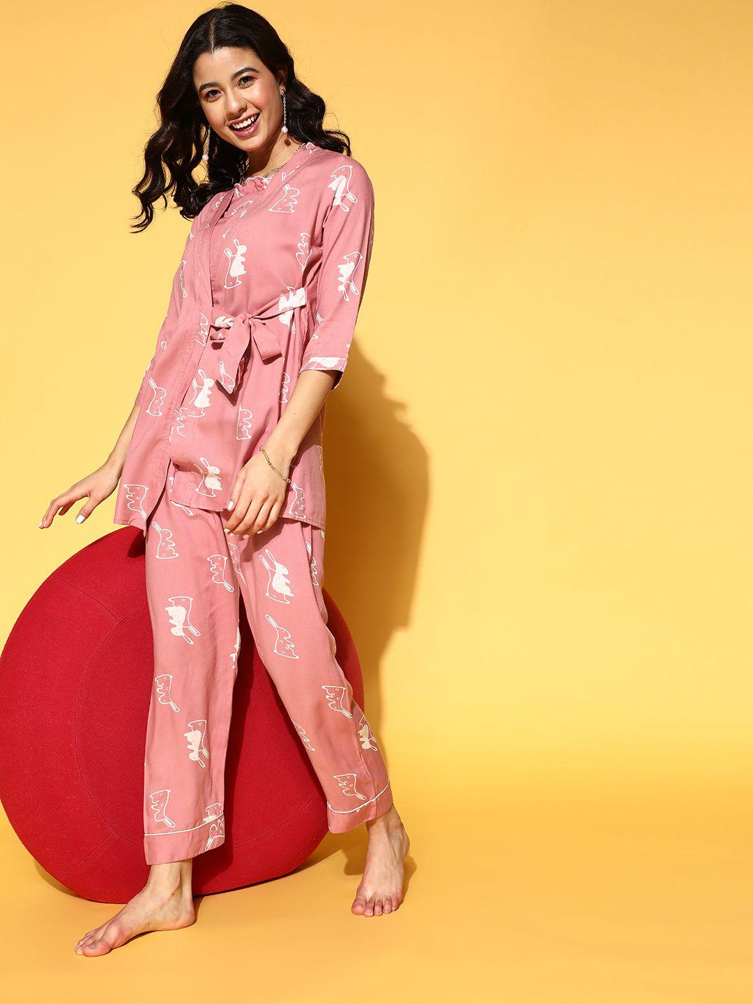 sweet dreams women pink & off white printed night suit with robe