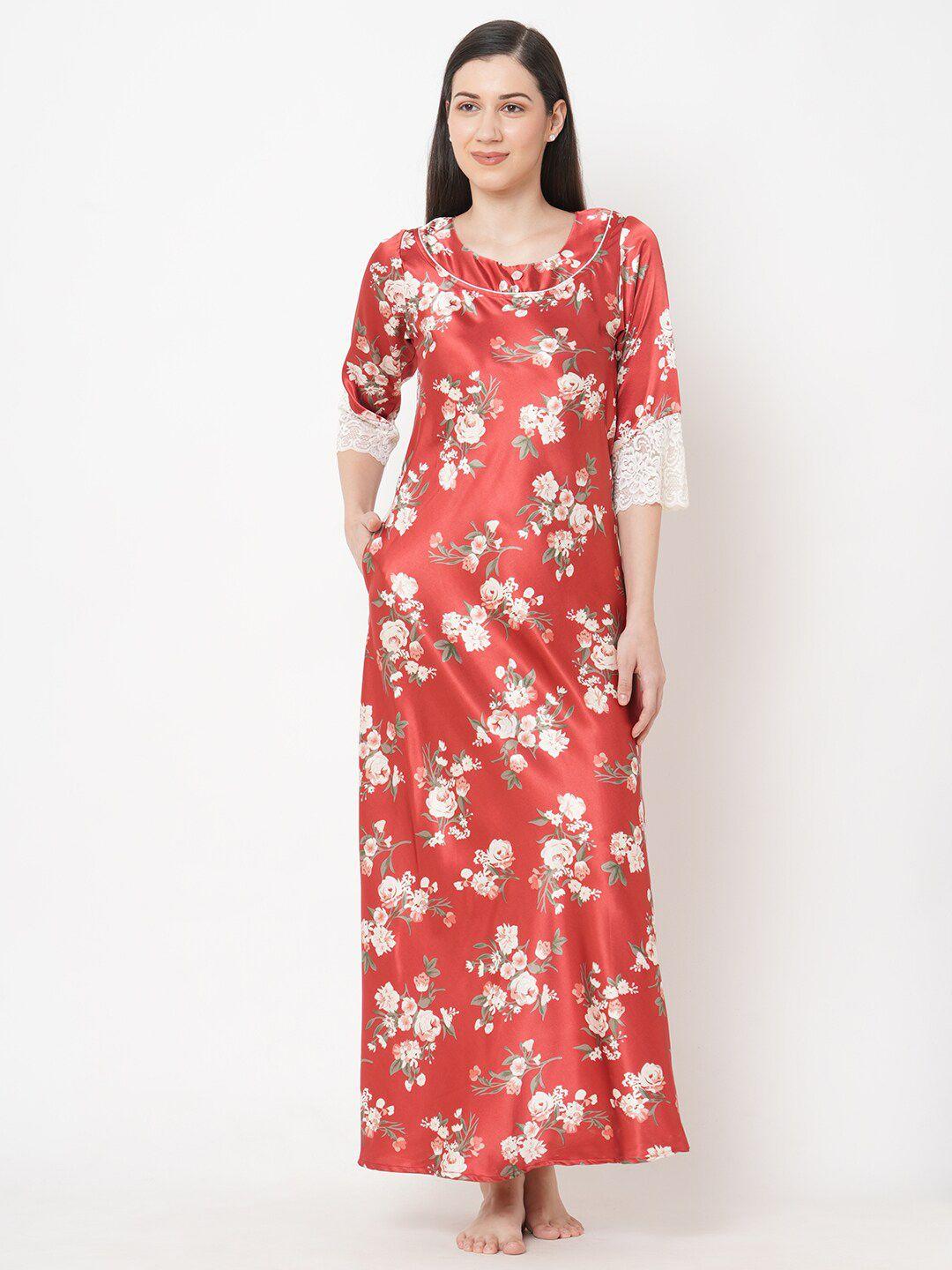 sweet dreams women rust red printed satin maxi nightdress