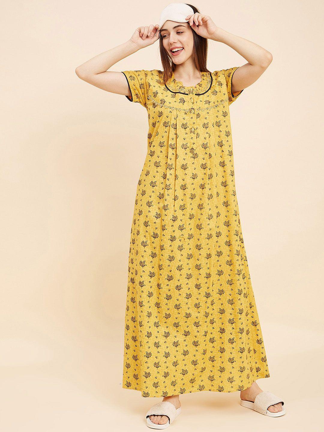 sweet dreams yellow floral printed pure cotton maxi nightdress