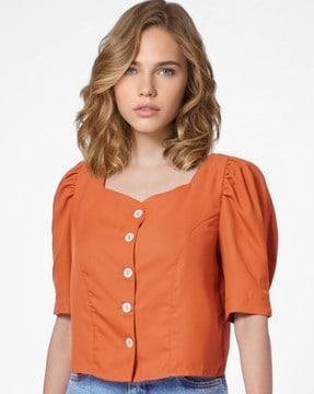 sweetheart-neck button-down top with puff sleeves
