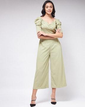 sweetheart-neck jumpsuit with puff sleeves