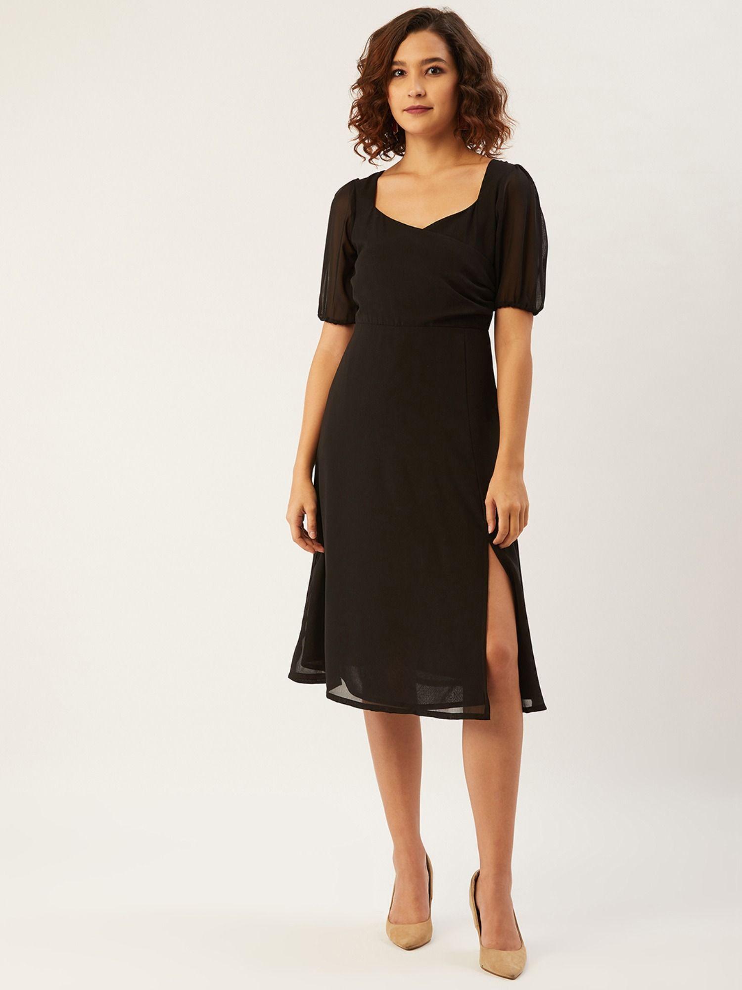 sweetheart neck puff sleeve front slit midi dress black