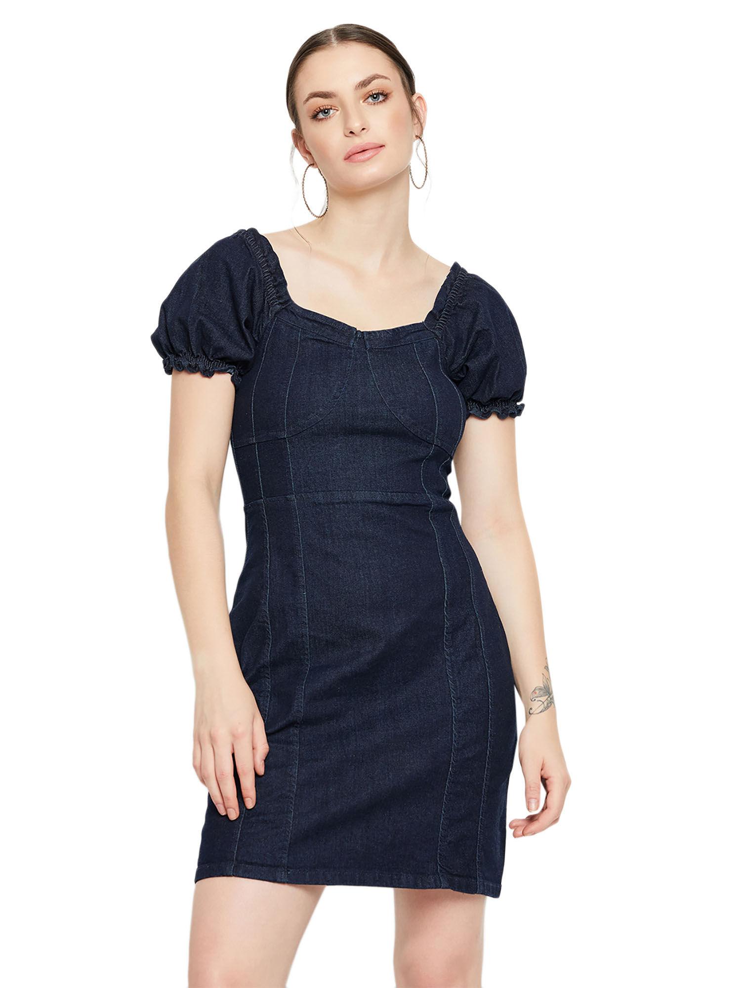 sweetheart neck semi fit carbon blue dress for women