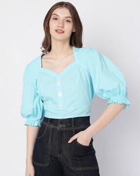 sweetheart-neck top with puff sleeves