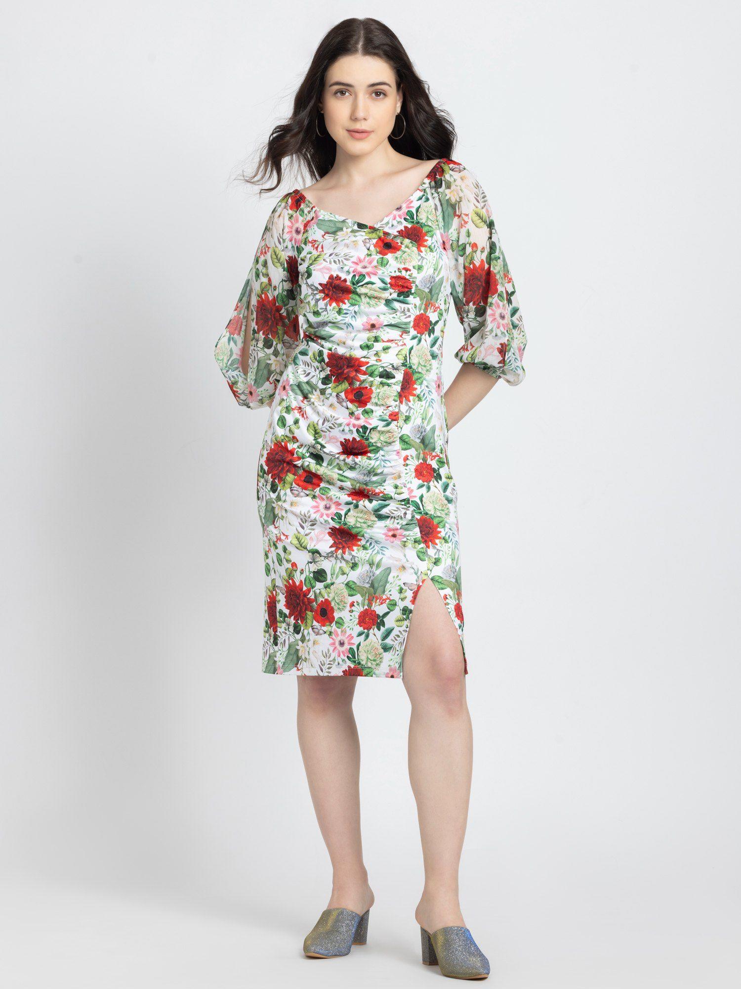 sweetheart neck white floral print three fourth sleeves party dress for women