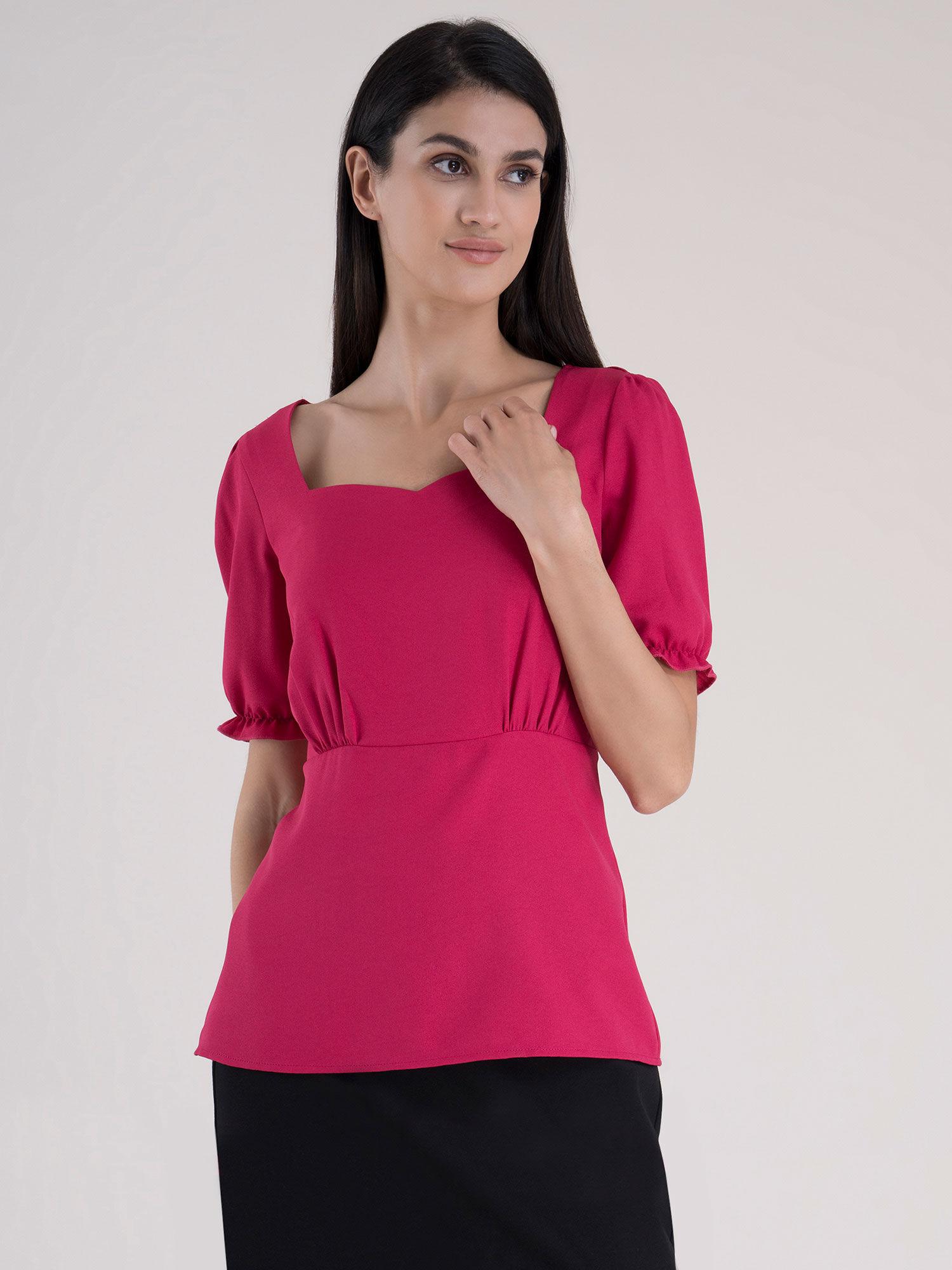 sweetheart neckline puff sleeve top - fuchsia