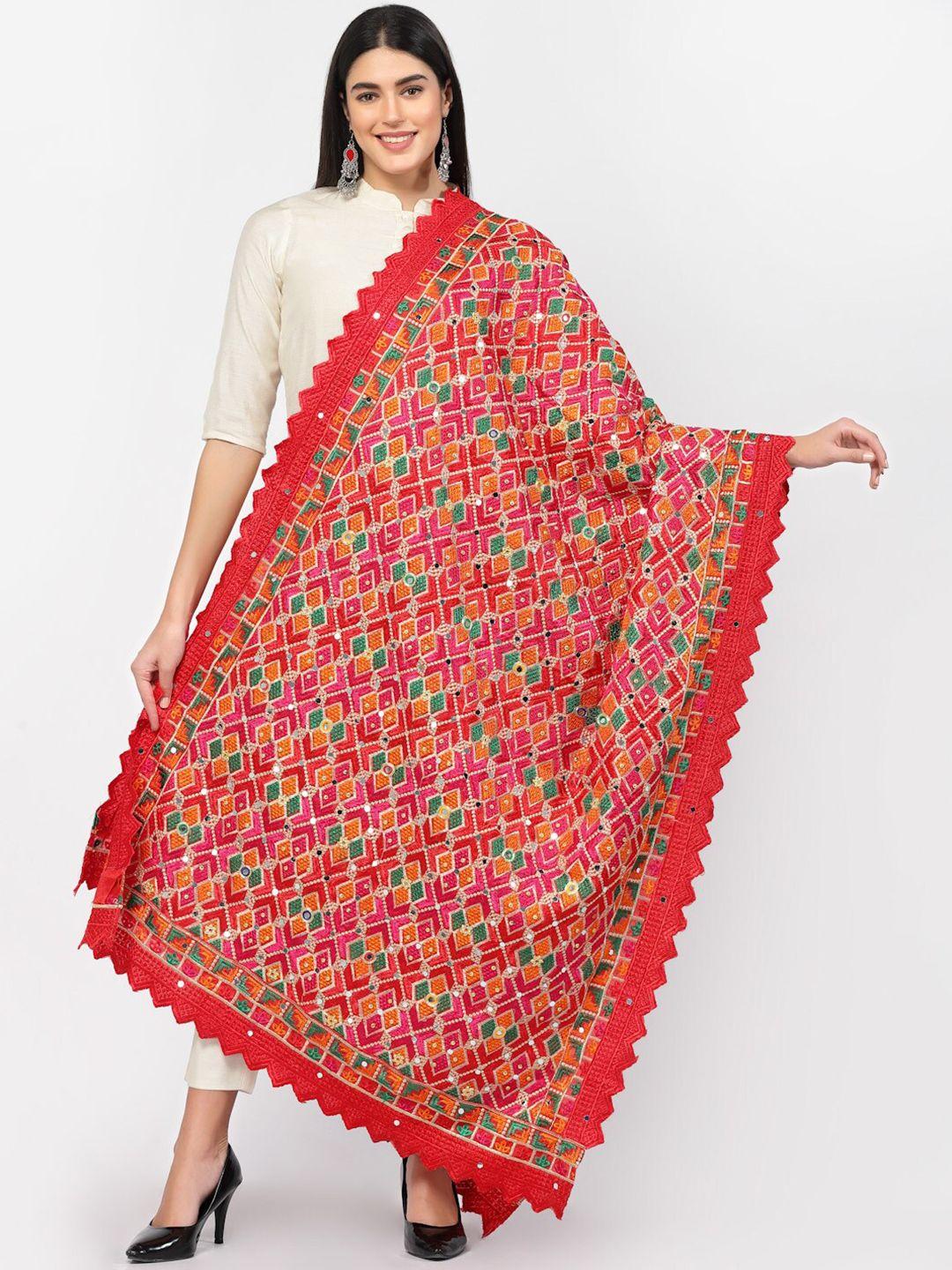swi stylish ethnic motifs embroidered phulkari chiffon dupatta with mirror work