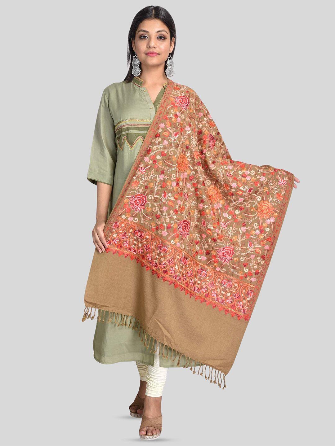 swi stylish floral aari embroidered fringed woolen stole