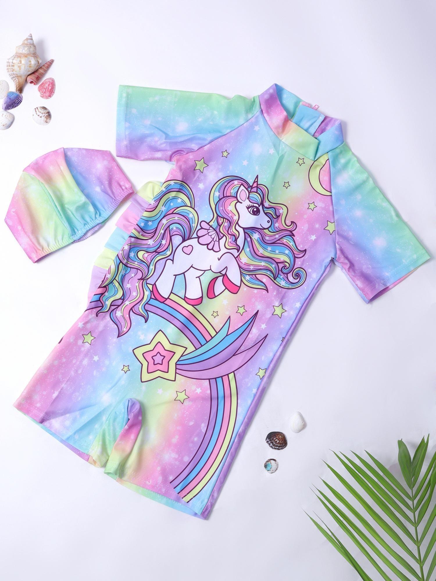 swimming costume colourful galaxy 3d unicorn swimsuit with cap (set of 2)