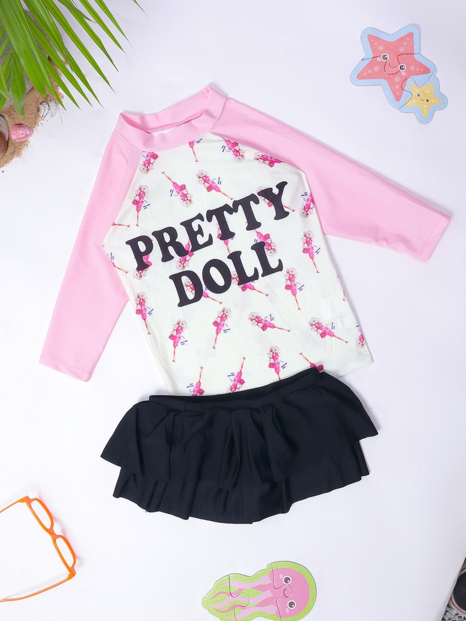 swimming costume white black pink doll skirt with t-shirt (set of 2)