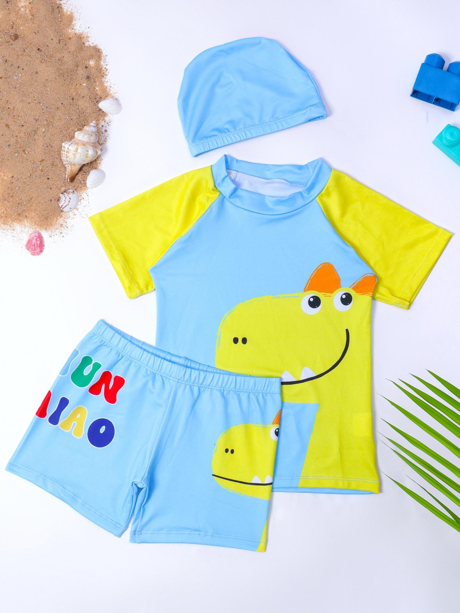 swimwear light blue dino print t-shirt and shorts with cap (set of 3)