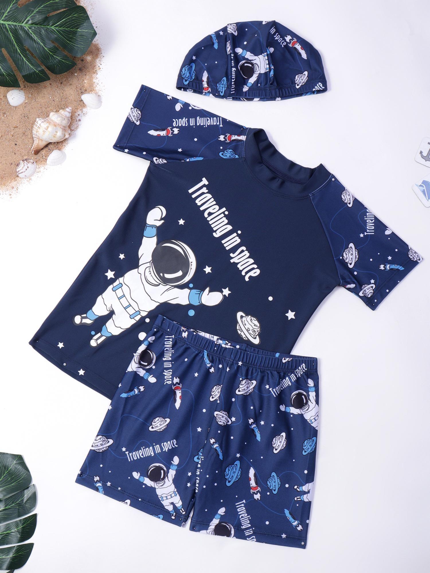 swimwear navy astro print t-shirt and shorts with cap (set of 3)