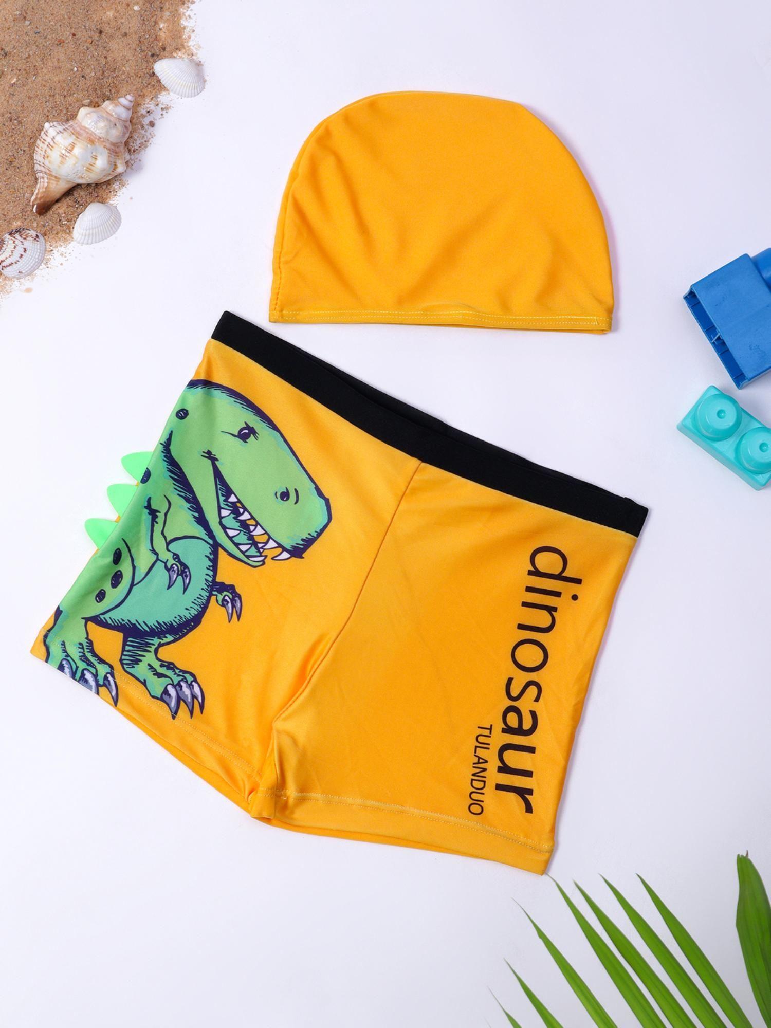 swimwear orange dino print shorts with cap (set of 2)