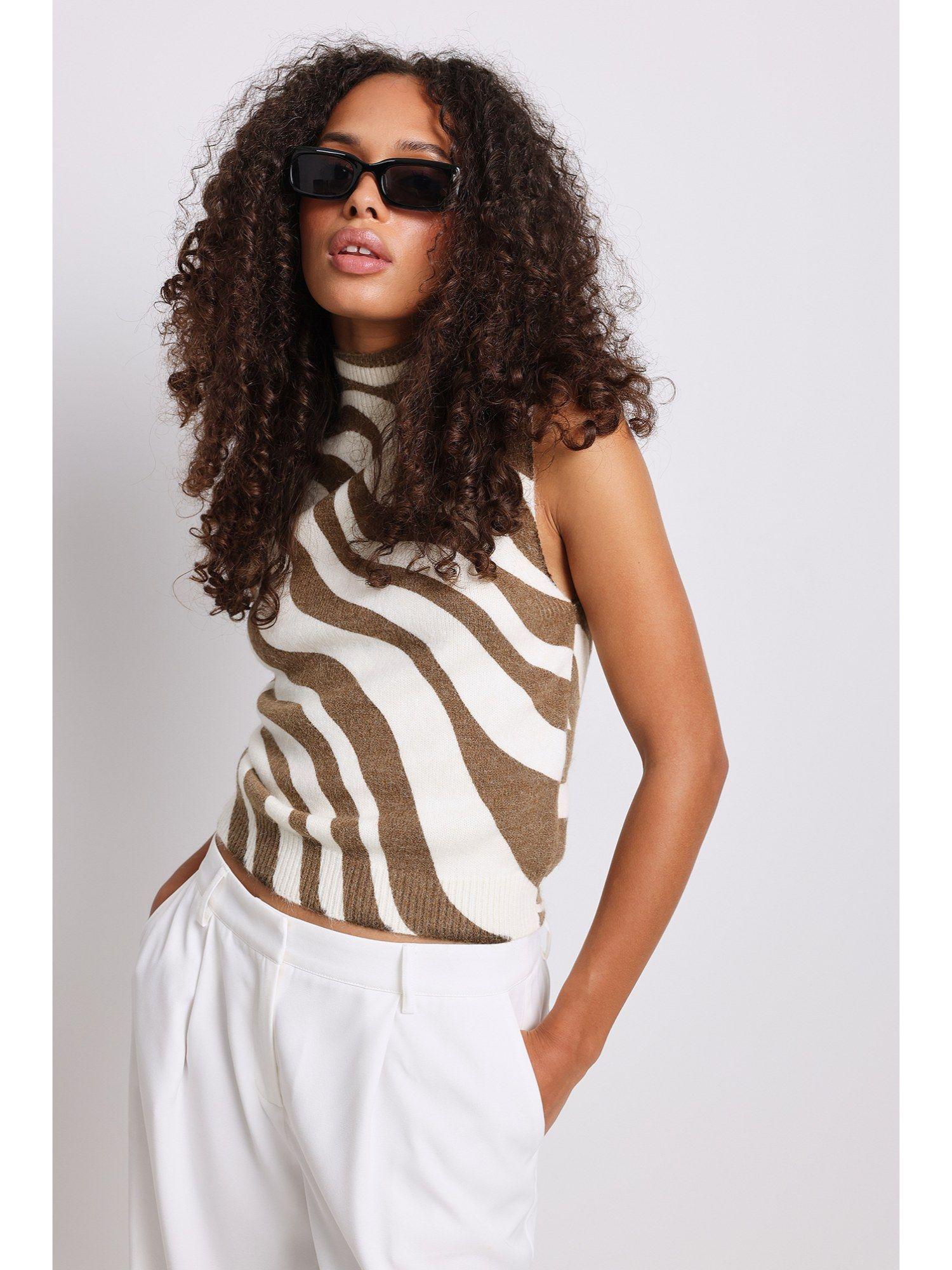 swirl pattern knitted high neck vest brown & white