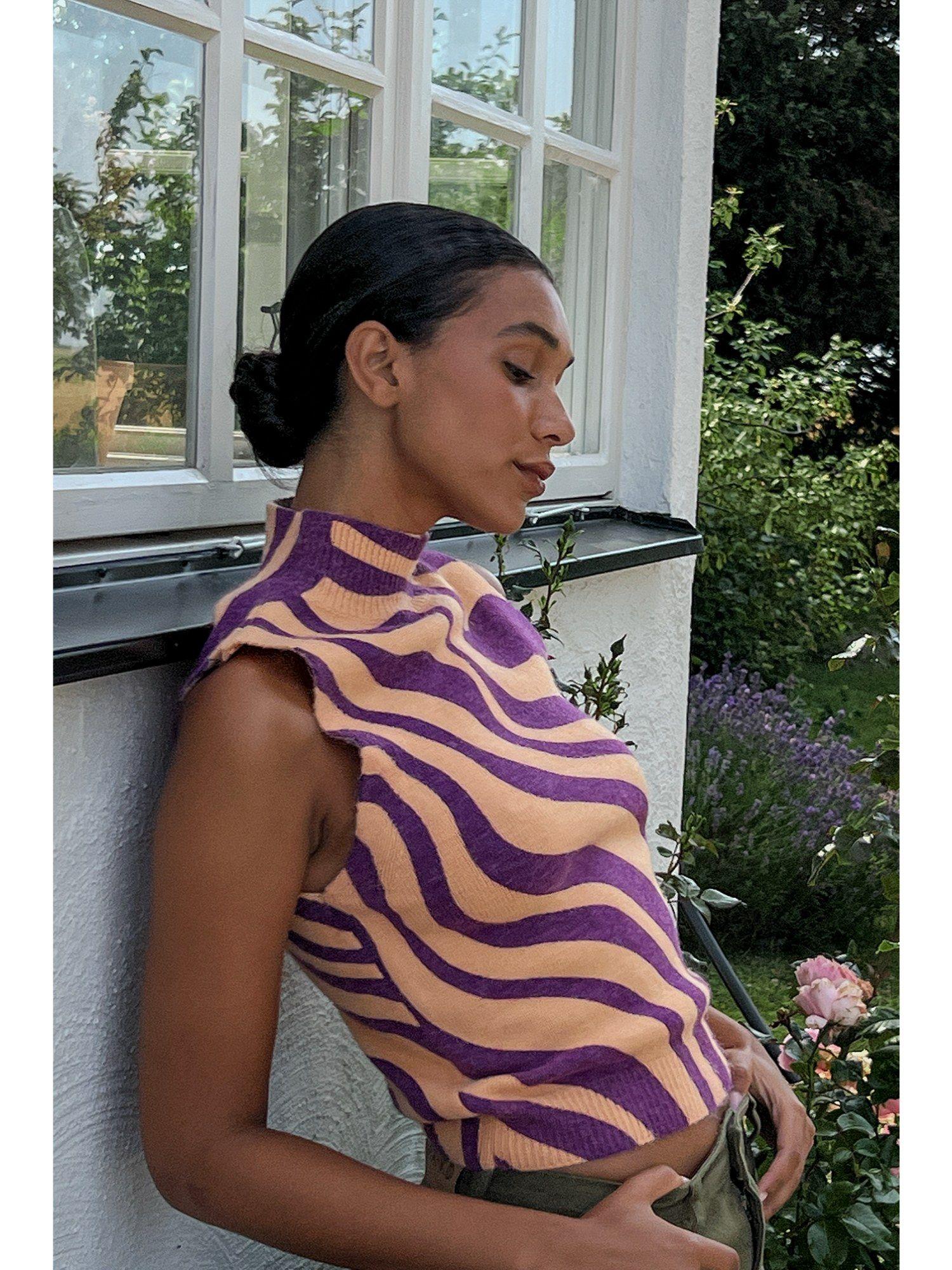 swirl pattern knitted high neck vest orange & purple