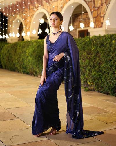 swish blue ombre mirror work handpainted silk pre draped saree