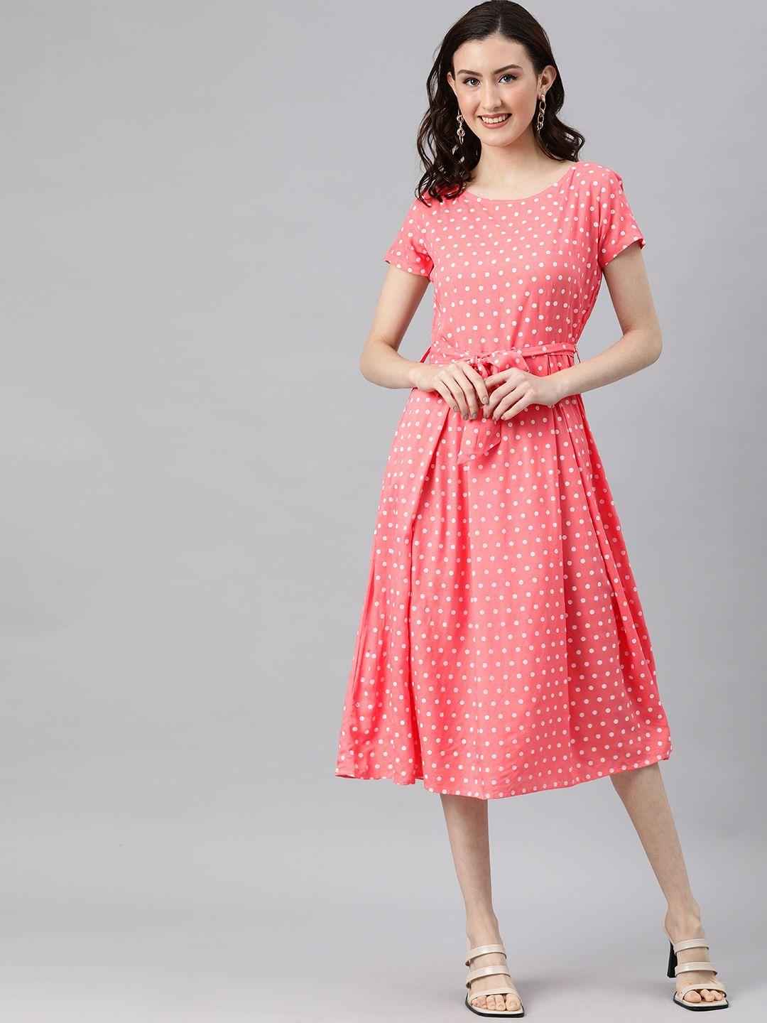 swishchick peach-coloured polka dot printed a-line midi dress with fabric belt