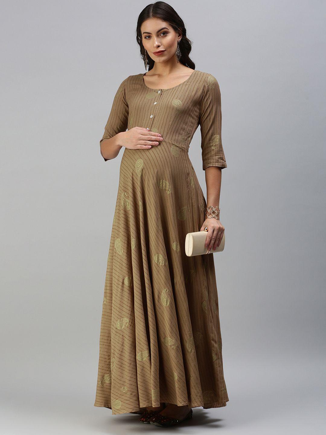 swishchick beige & brown ethnic motifs maternity maxi dress