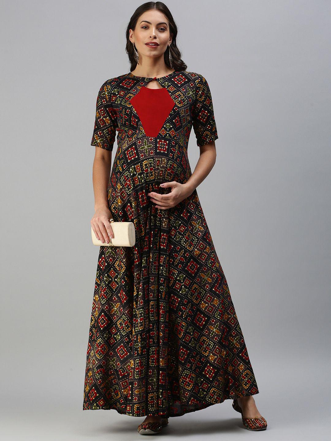 swishchick black & red ethnic motifs printed maternity maxi dress