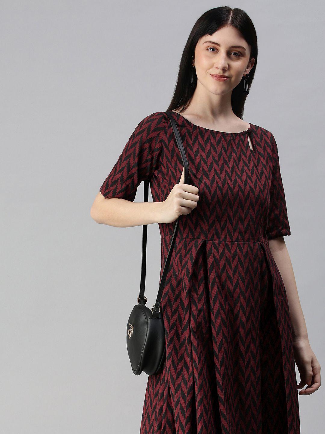 swishchick black & red striped south cotton dobby fit & flare dress