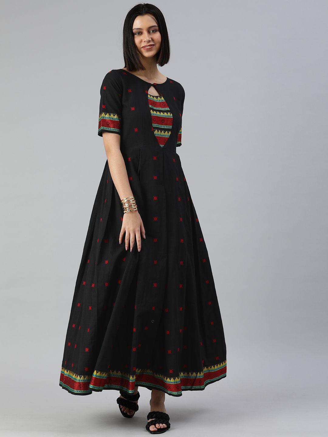 swishchick black & red yoke woven design cut-out panelled cotton maxi fit & flare dress