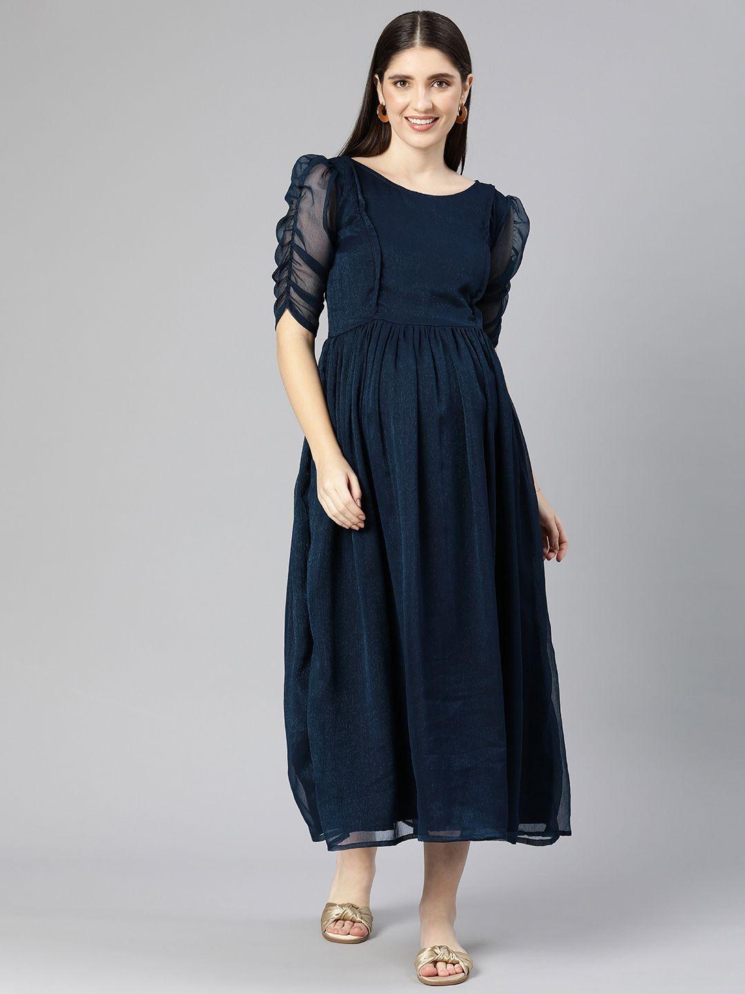 swishchick blue puff sleeve georgette maternity fit & flare maxi dress