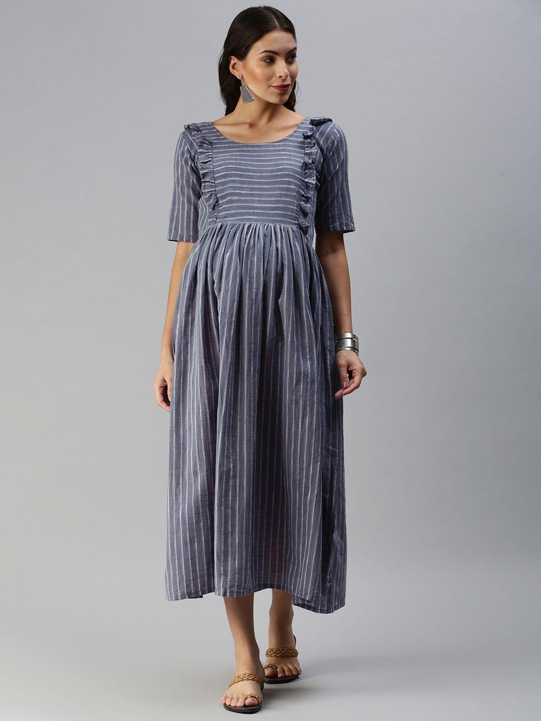 swishchick charcoal grey & white woven design handloom maternity a-line midi dress