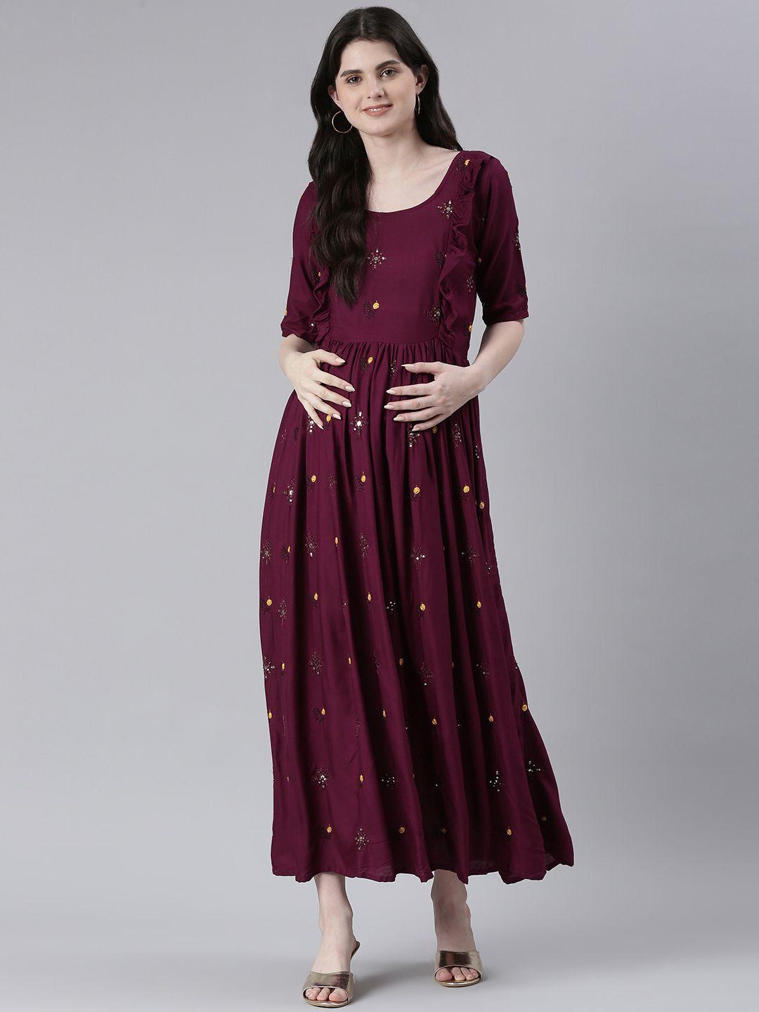 swishchick embellished embroidered ruffled maternity fit & flare maxi ethnic dress
