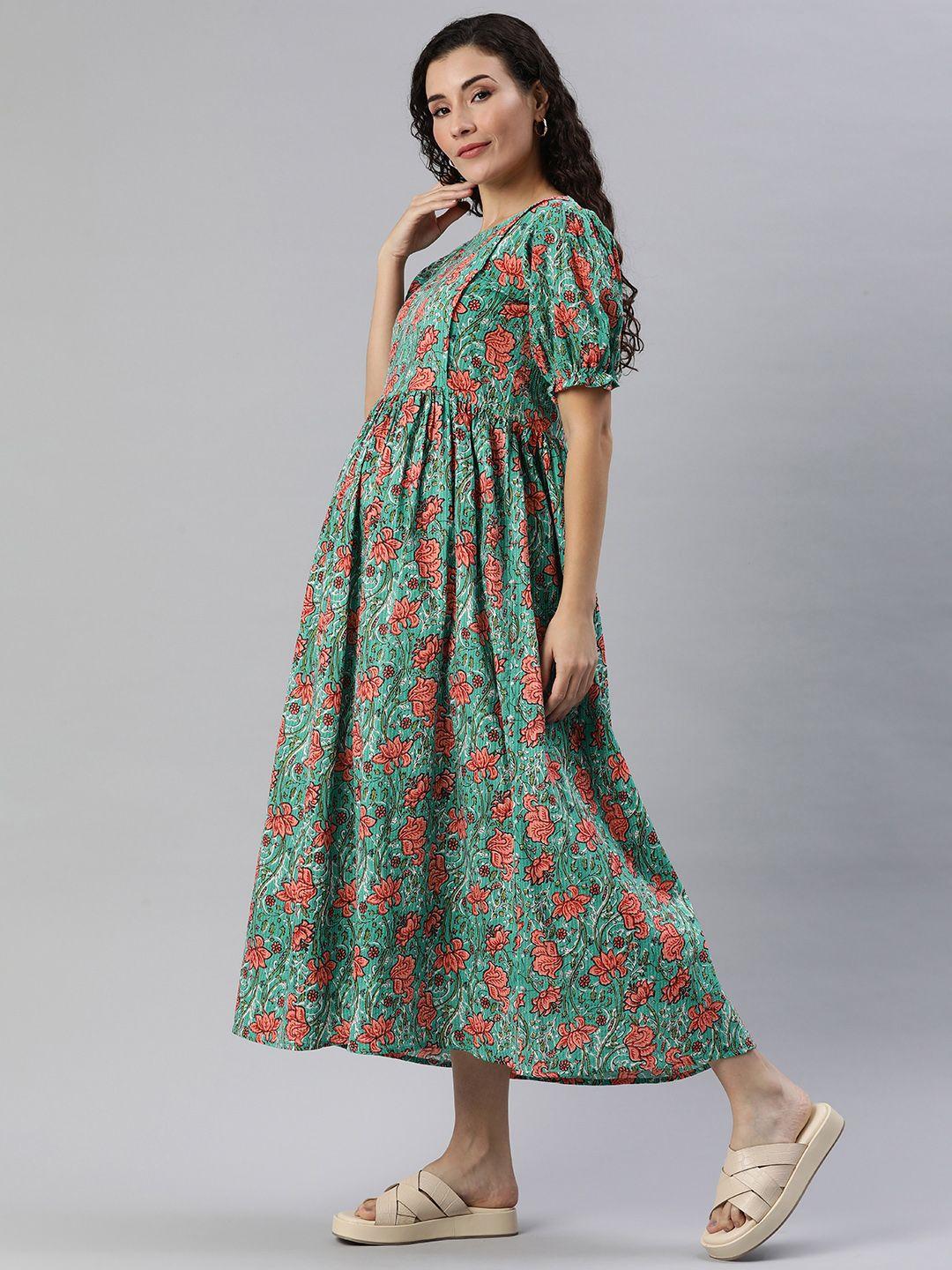 swishchick floral print kantha work puff sleeves maternity fit & flare midi dress