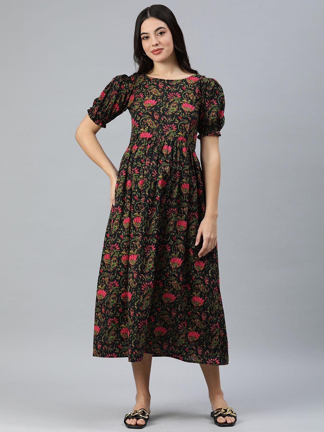 swishchick floral print puff sleeve a-line midi dress