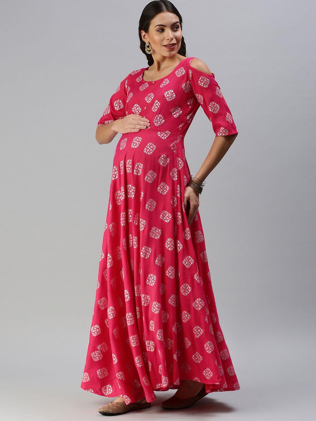 swishchick fuchsia & silver ethnic motifs printed maternity maxi dress