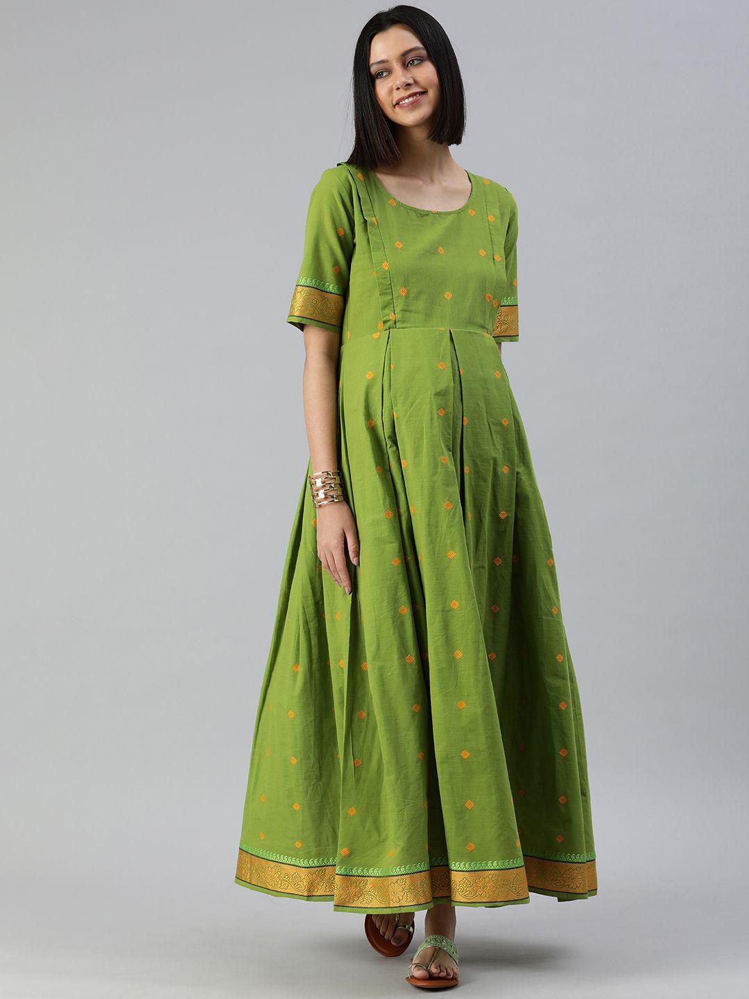 swishchick green & mustard yellow pure cotton embroidered maternity maxi dress