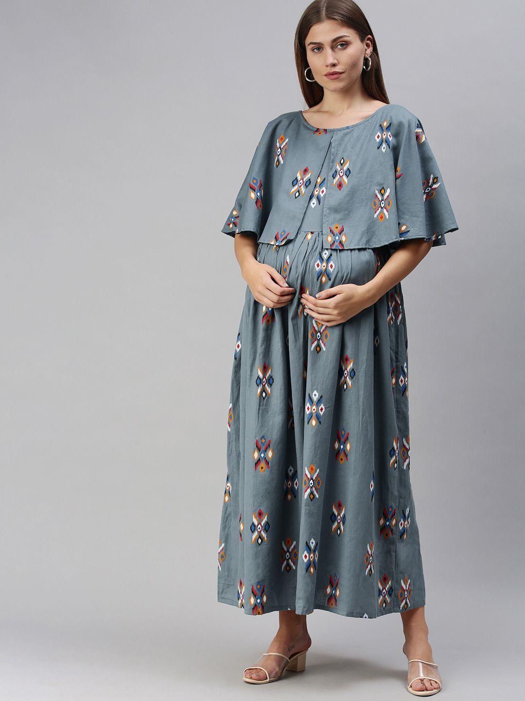 swishchick grey & red bohemian print layered cotton maternity maxi fit & flare dress