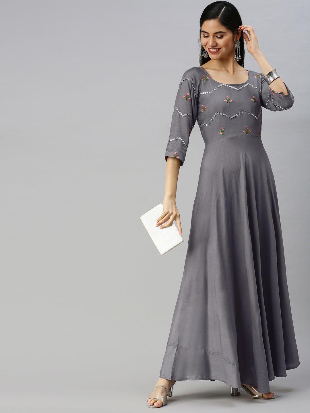 swishchick grey ethnic motifs embroidered maxi ethnic dress