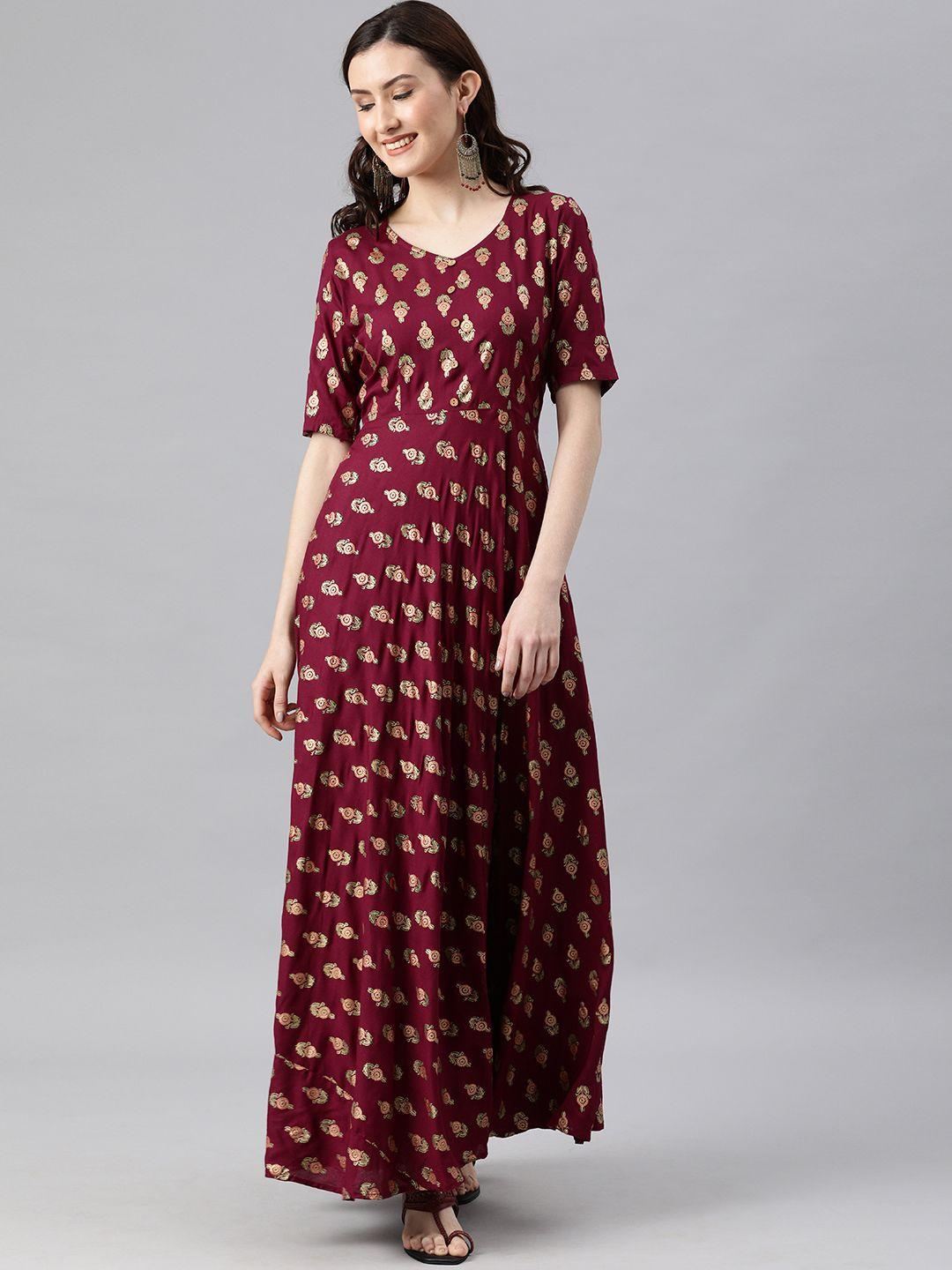 swishchick maroon & gold-toned ethnic motifs maxi dress