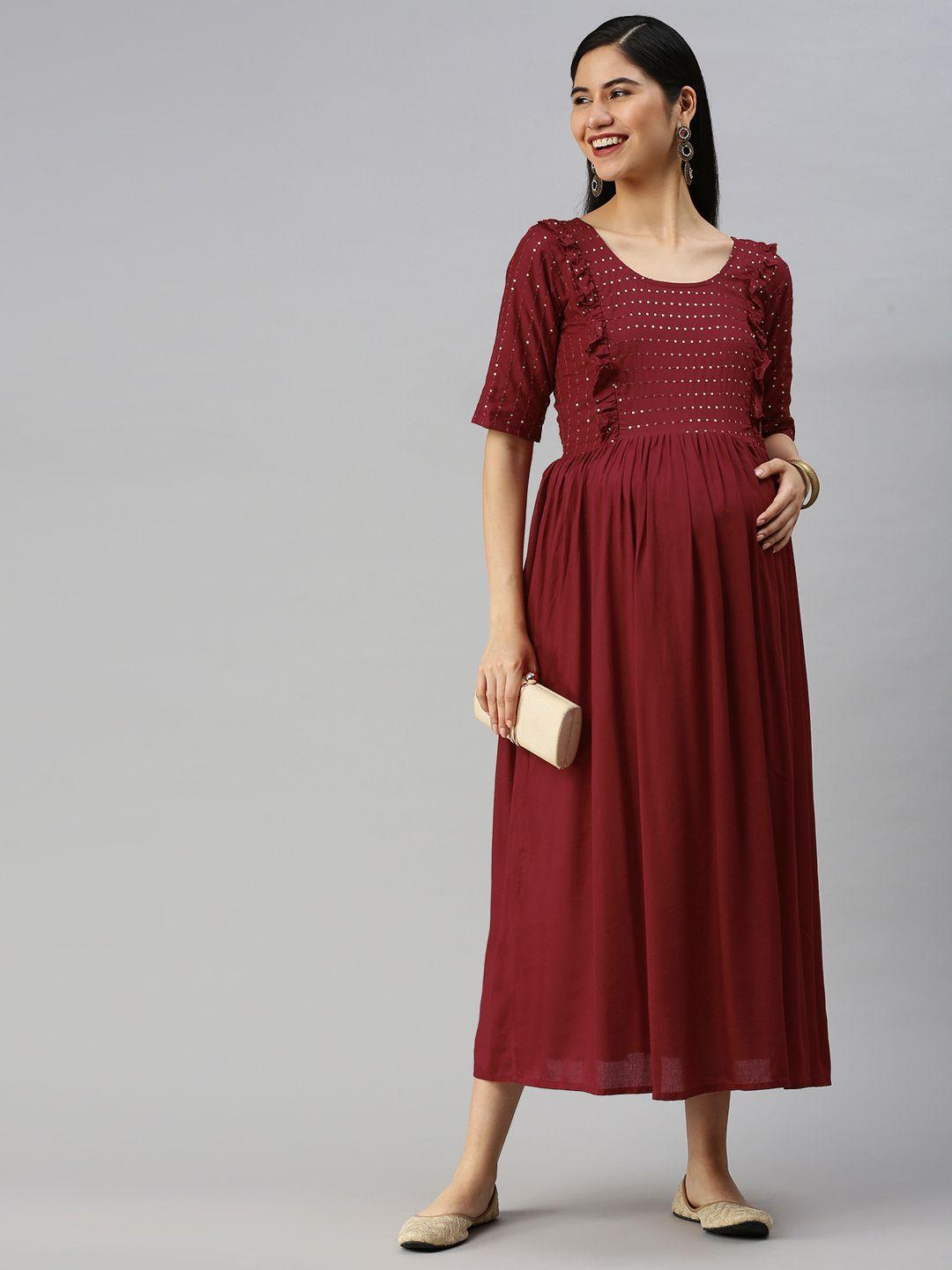 swishchick maroon ethnic motifs maternity a-line midi dress