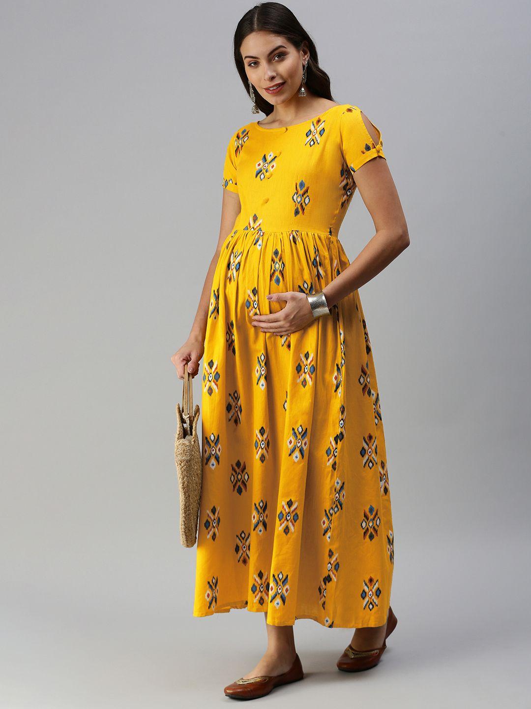 swishchick mustard yellow & blue geometric printed maternity a-line maxi dress