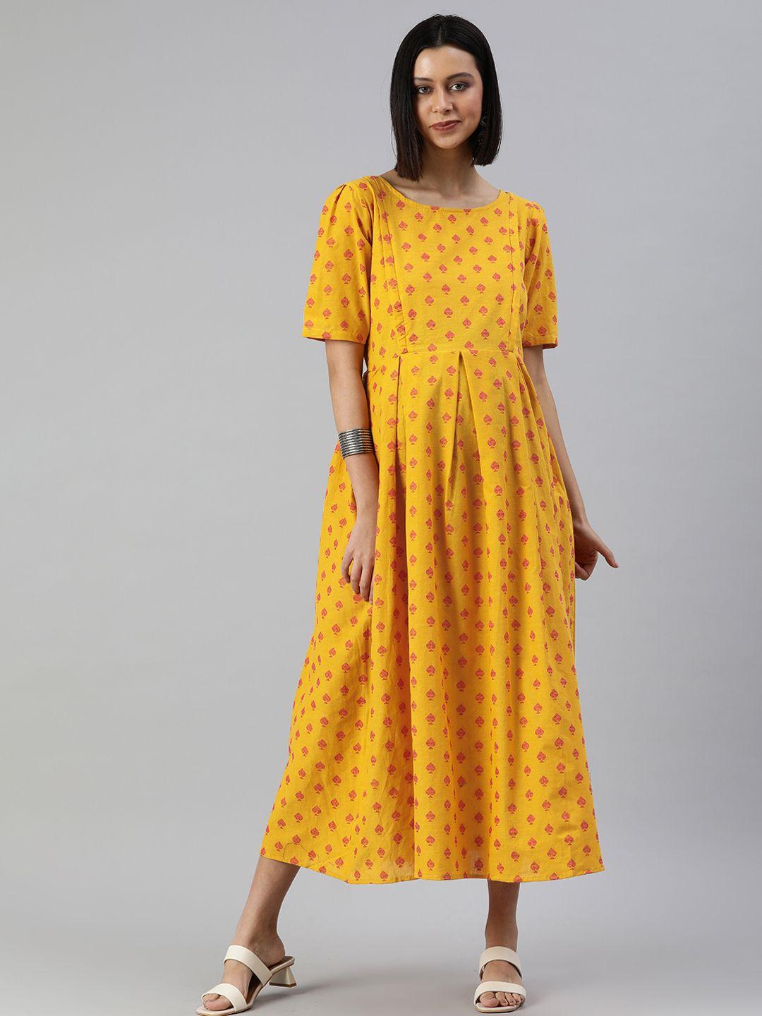 swishchick mustard yellow & red pure cotton embroidered maternity a-line midi dress