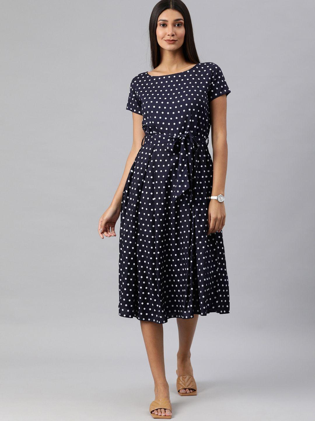swishchick navy blue polka dot printed a-line midi dress with fabric belt