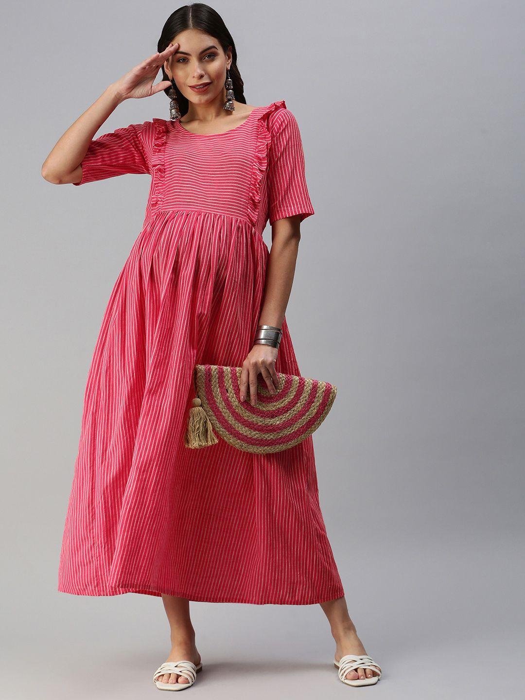 swishchick pink woven design handloom maternity a-line midi dress