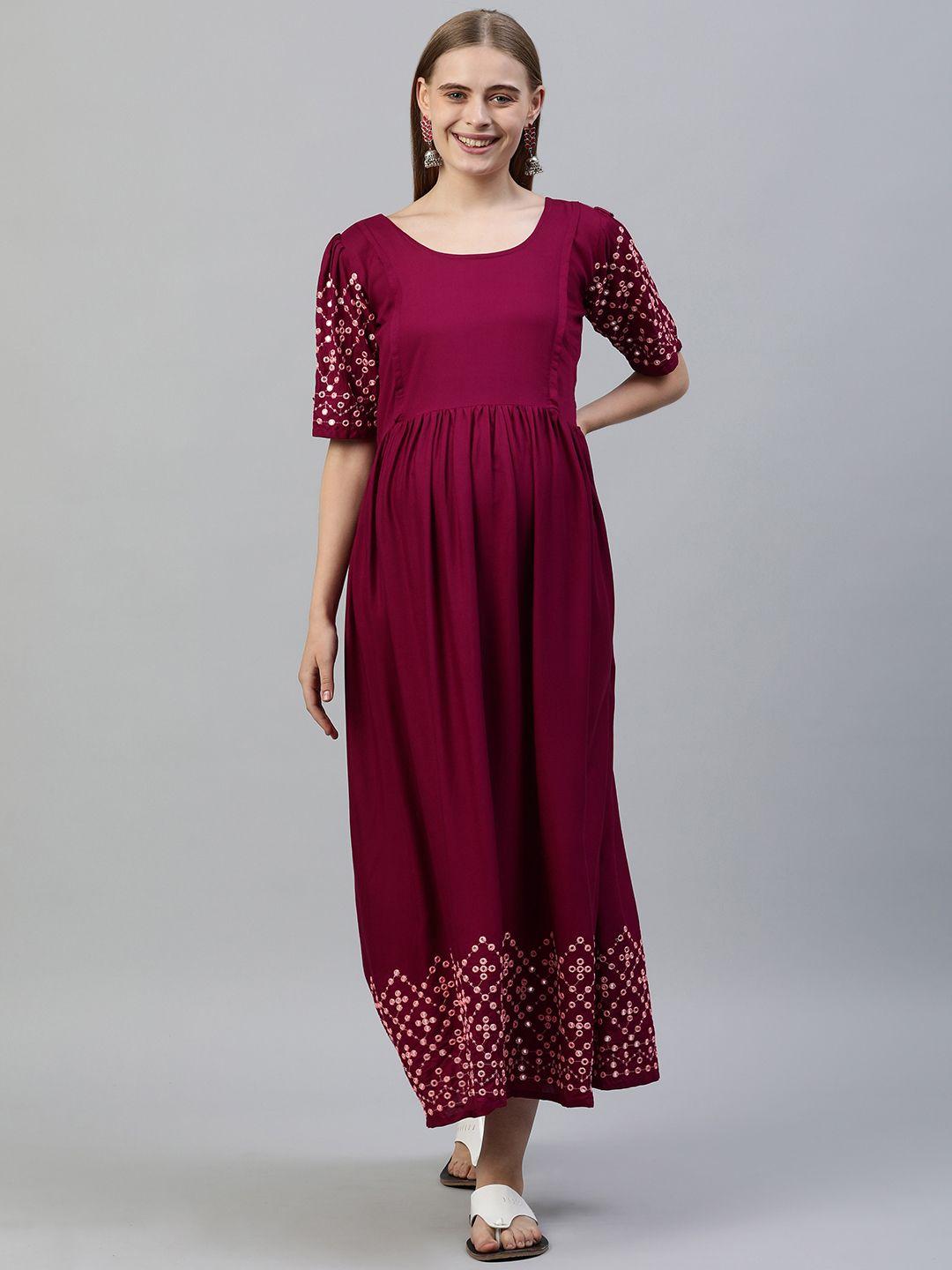 swishchick purple ethnic motifs embroidered maternity fit & flare maxi dress