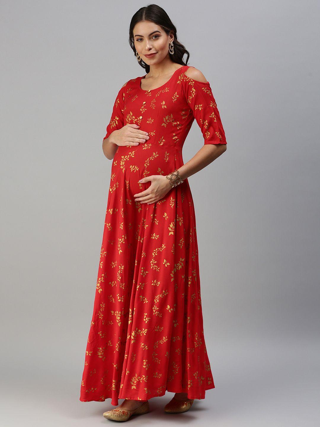 swishchick red & golden floral printed maternity maxi dress