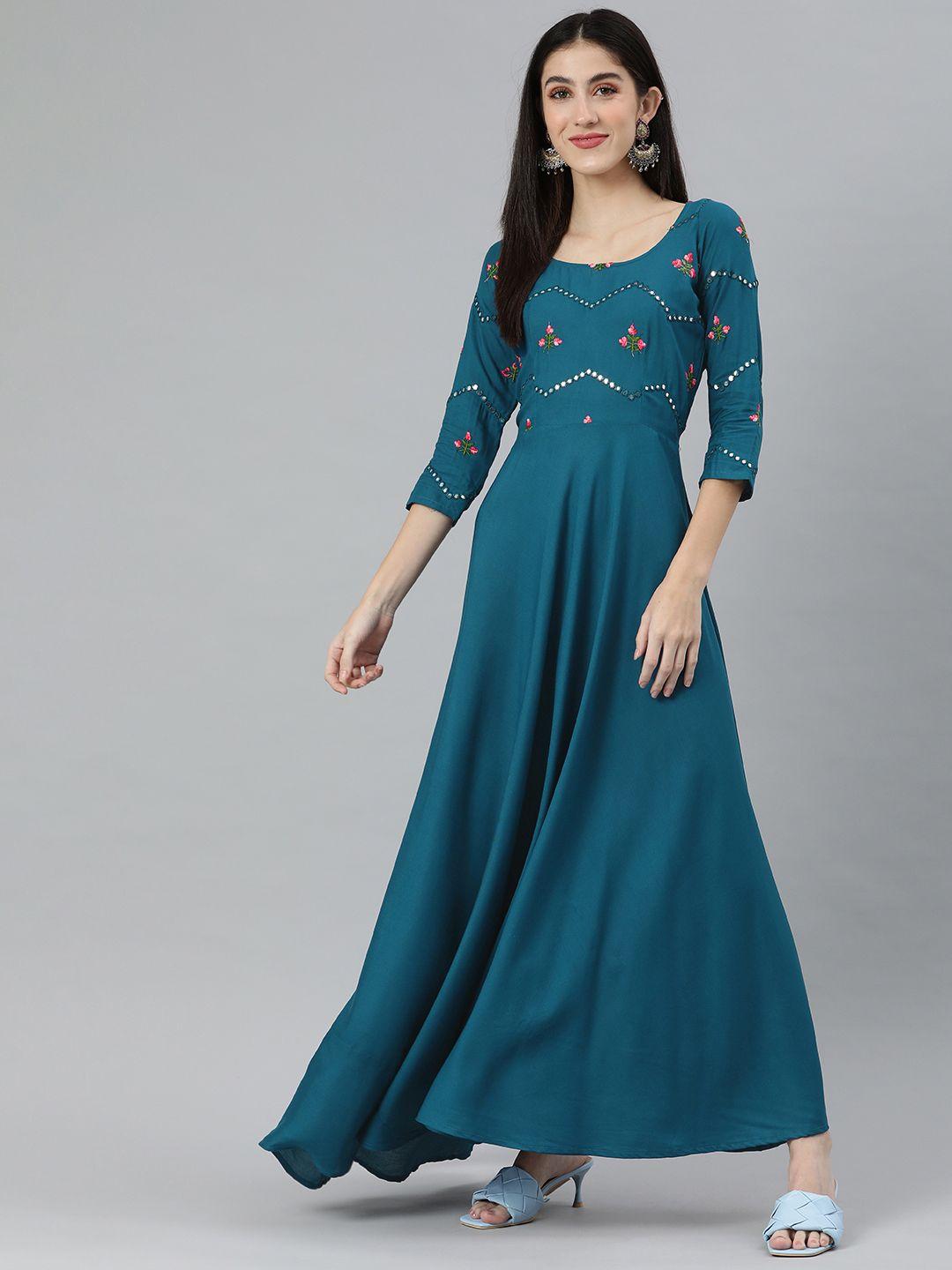 swishchick teal blue solid ethnic maxi dress with embroidered detail