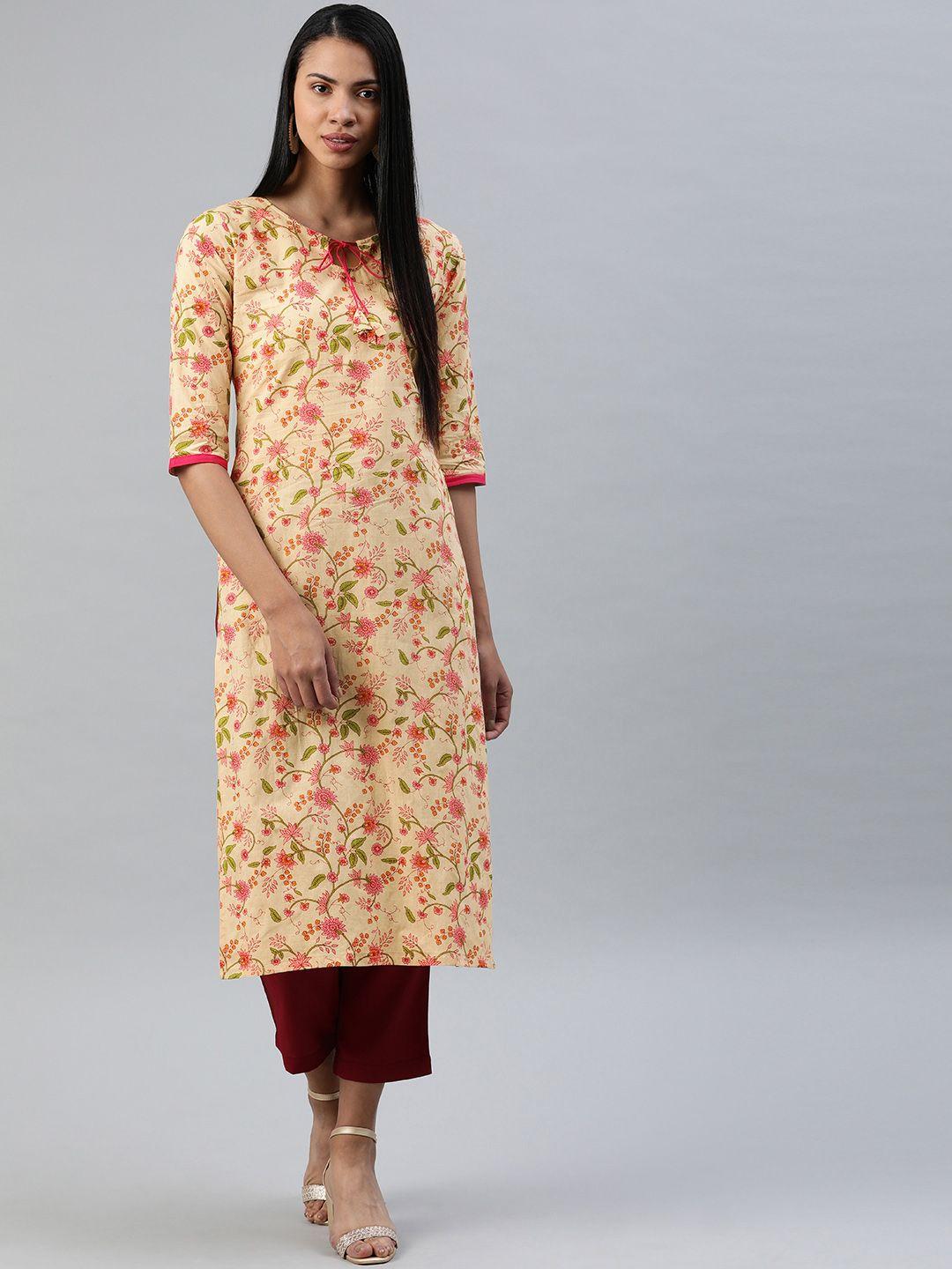 swishchick women beige floral print straight kurta