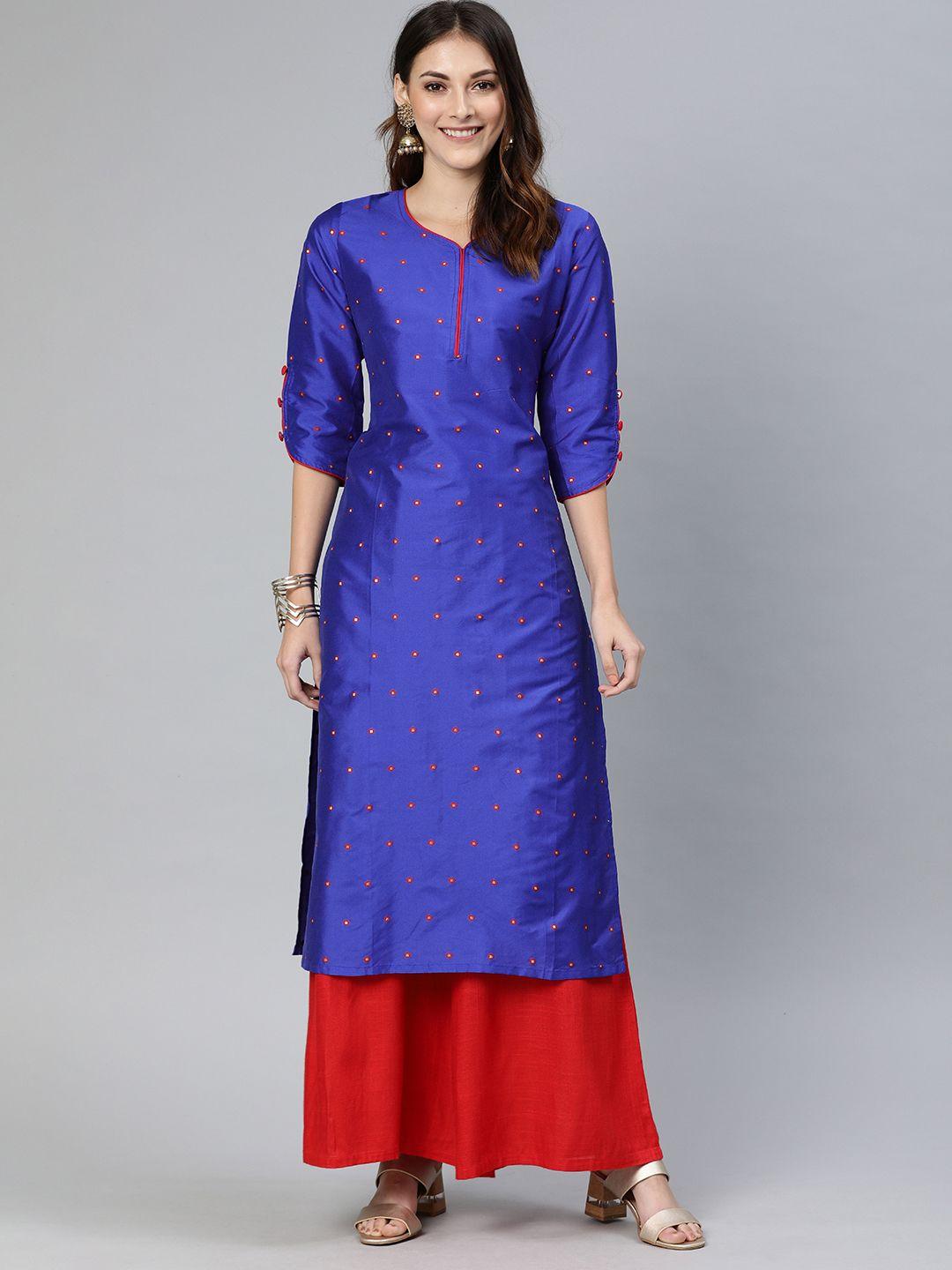 swishchick women blue & red woven design straight kurta