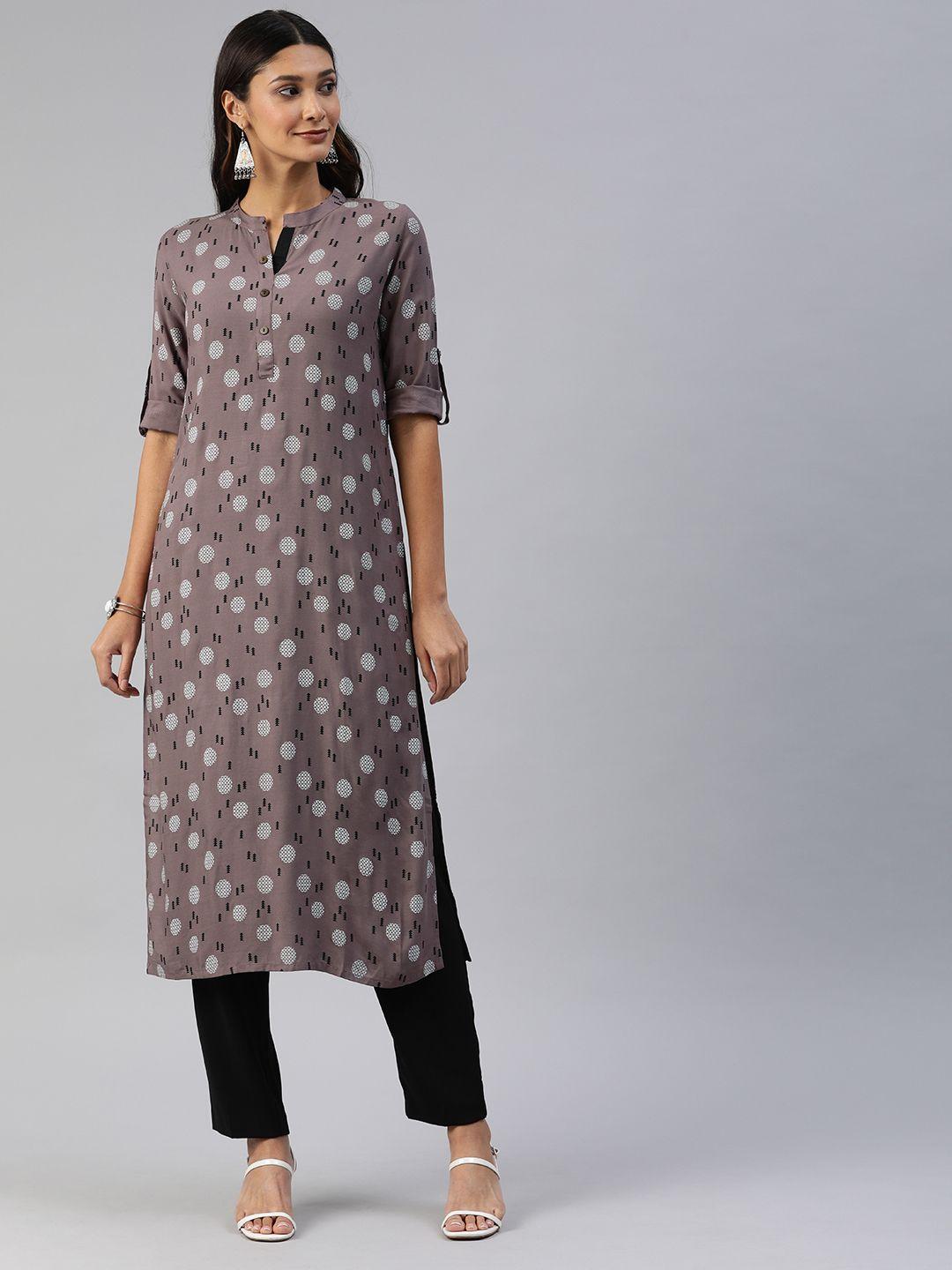 swishchick women brown & white geometric printed straight kurta