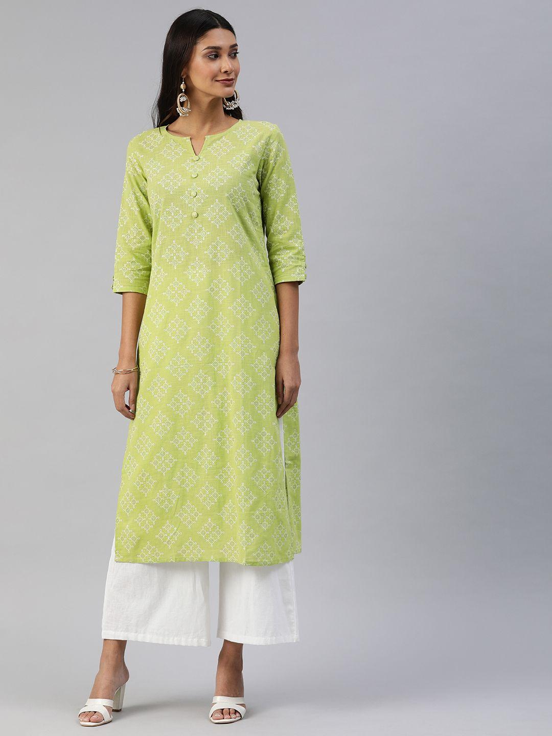 swishchick women green & white printed straight kurta