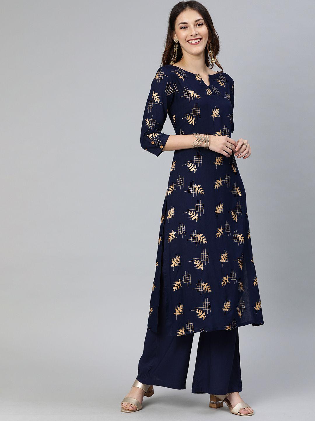 swishchick women navy blue & gold-coloured printed straight kurta