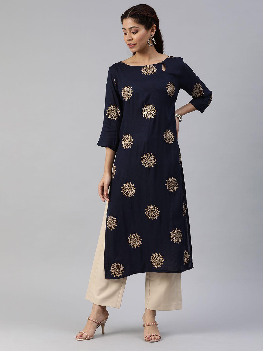 swishchick women navy blue & gold-toned floral printed straight kurta