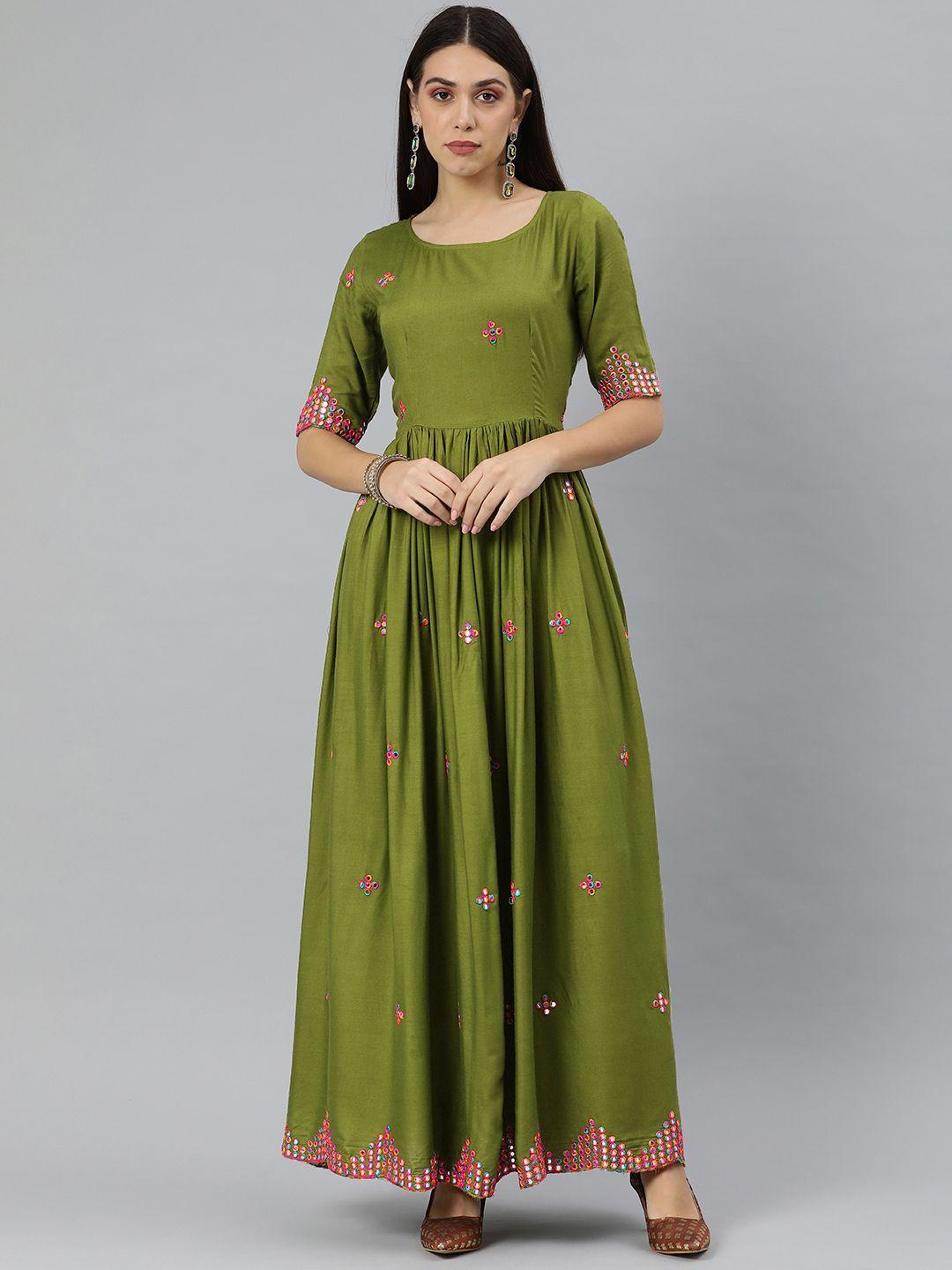 swishchick women olive green mirror work ethnic maxi dress